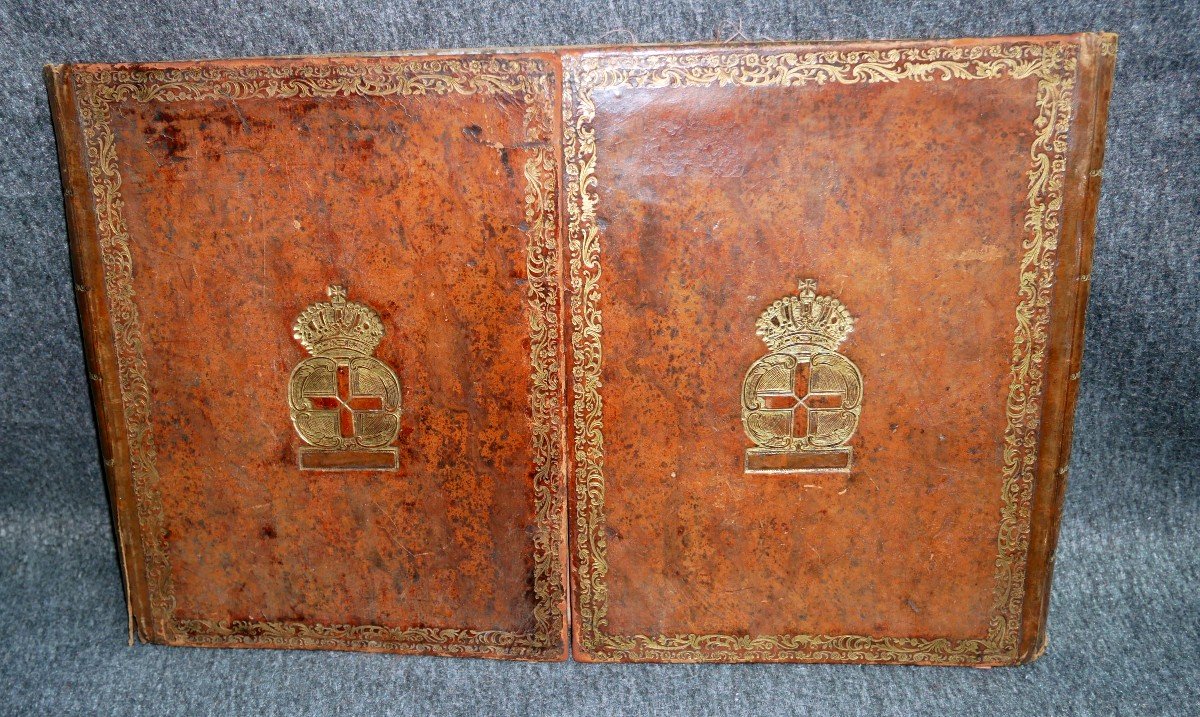 Porte-documents, Sous-main Louis XV En Cuir Doré Aux Petits Fers, Armoiries, XVIIIème Siècle