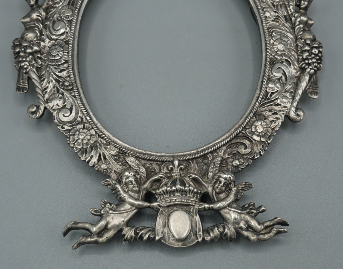 Medallion Frame In Sterling Silver, Decor Of Cherubs, Rocaille, Eighteenth Century-photo-3