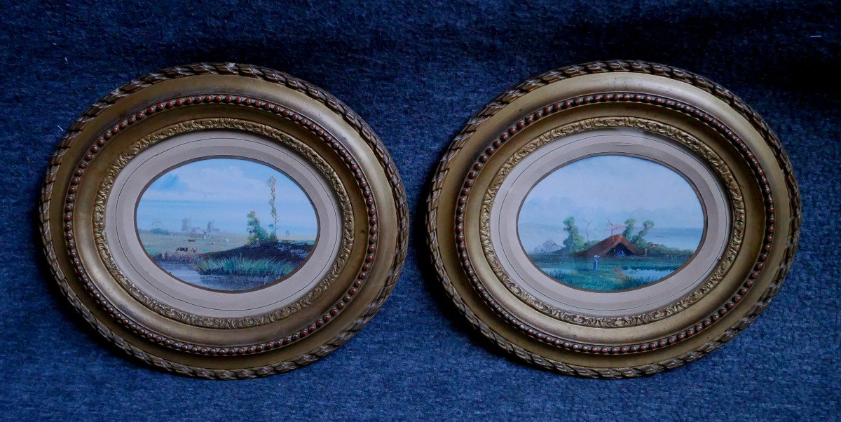 Paire De Tableaux, Paysages, Huiles Sur Papier, Cadres Bois Doré, XIXème