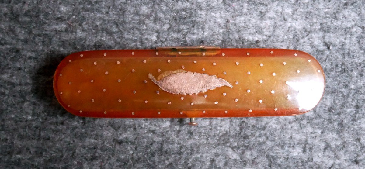 Boîte à Mouches En écaille Piquée d'Or, Décor d'Une Feuille, XVIIIème Siècle-photo-2