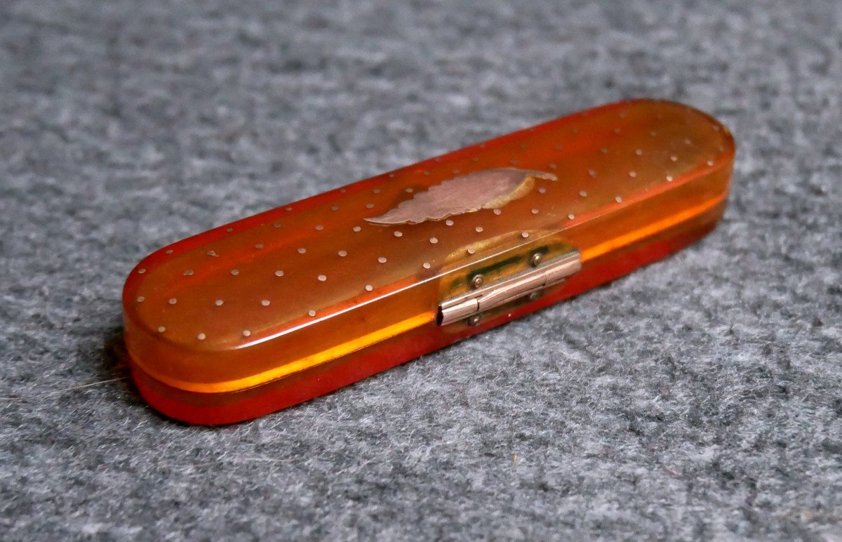 Fly Box In Gold Stitched Tortoiseshell, Decorated With A Leaf, 18th Century-photo-3