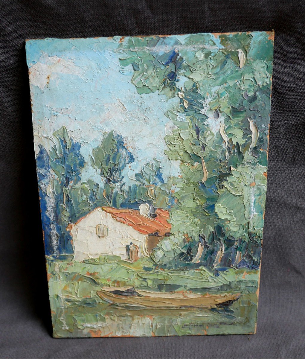 Christian Couillaud, Marais Poitevin, Huile Sur Carton, Signée, XXème