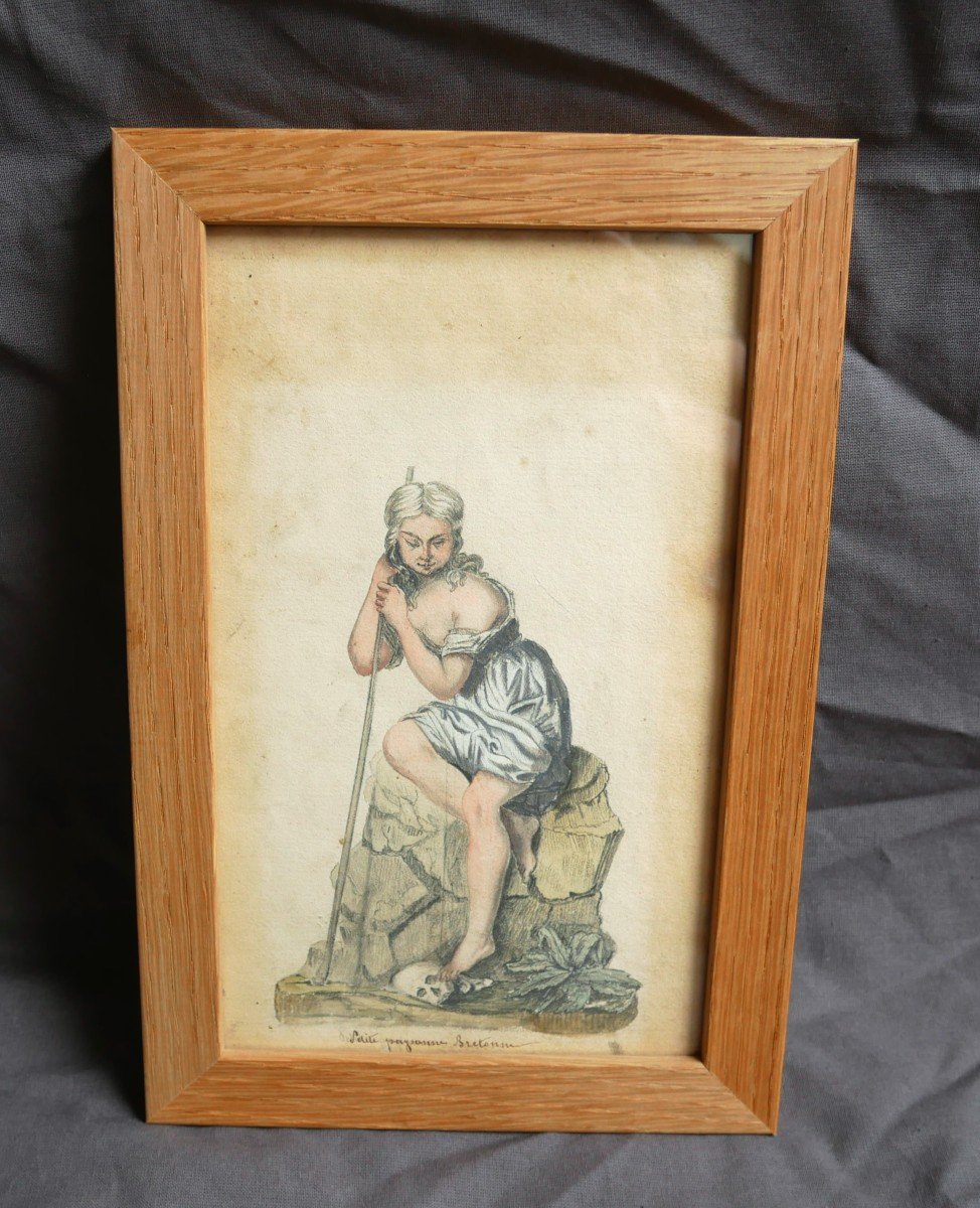 Dessin, Paysanne Bretonne, Vanité, Encre Sur Papier, XIXème Siècle