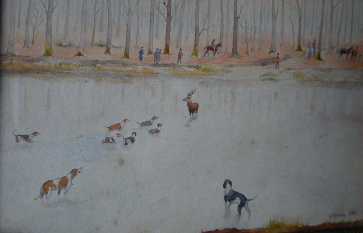 Hunting Scene, Deer, Equipe, Hunting, Hallali, Watercolor On Paper, 1936-photo-3