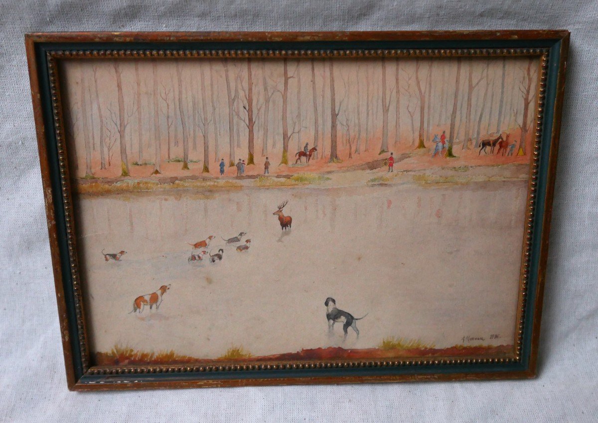 Hunting Scene, Deer, Equipe, Hunting, Hallali, Watercolor On Paper, 1936
