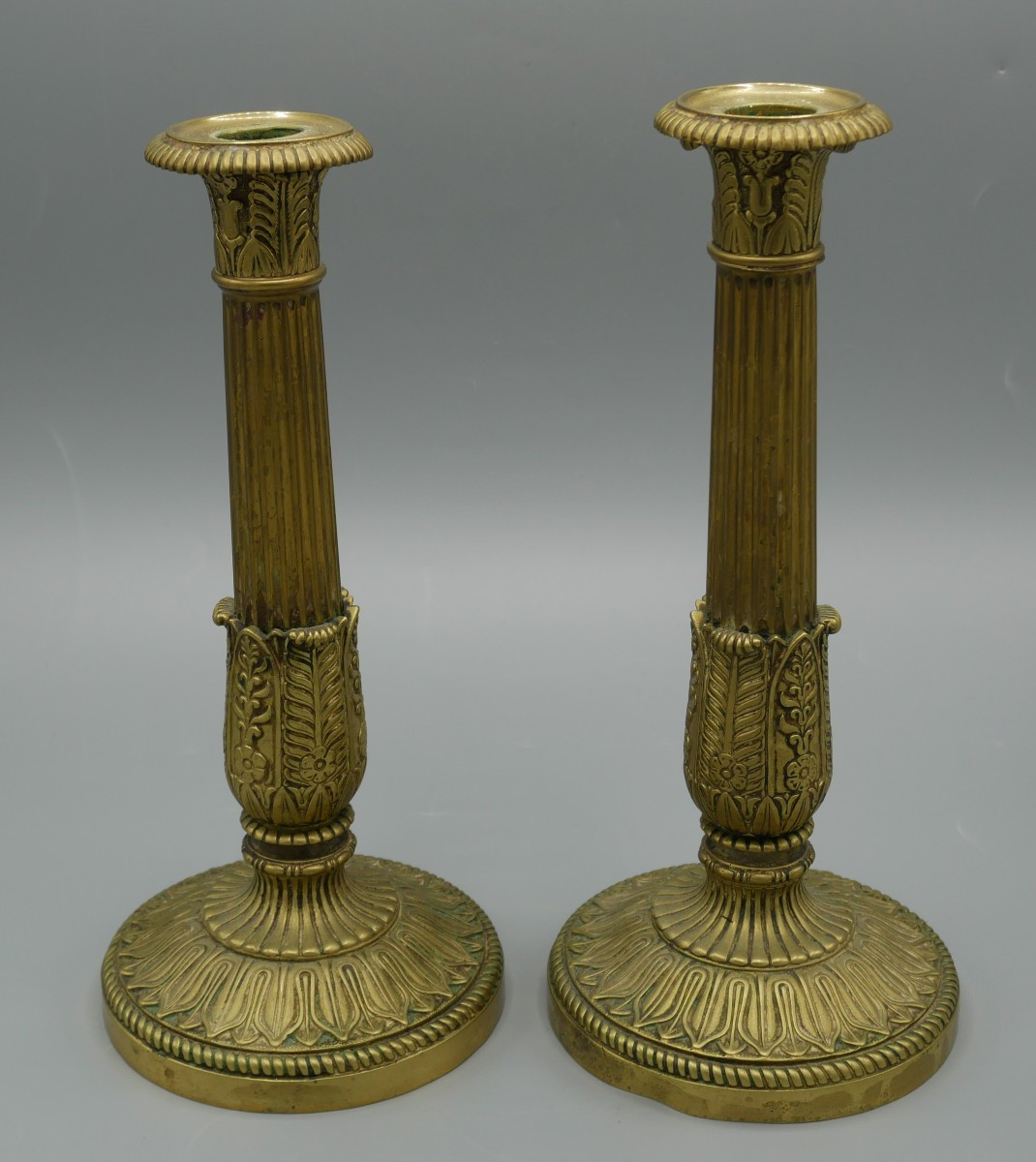 Paire De Bougeoirs En Bronze, Empire, Décors De Palmettes, XIXème Siècle-photo-2