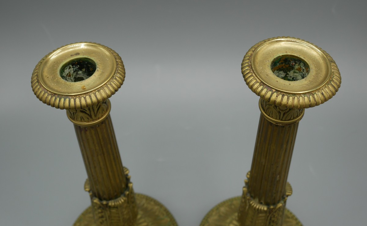 Paire De Bougeoirs En Bronze, Empire, Décors De Palmettes, XIXème Siècle-photo-1
