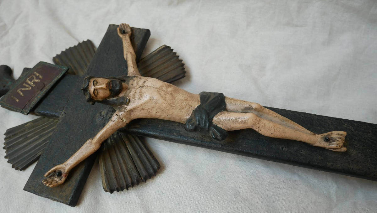 Crucifix Breton en Bois Sculpté Polychrome, Pays d'Auray, Bretagne, Art Populaire, XIXe-photo-2
