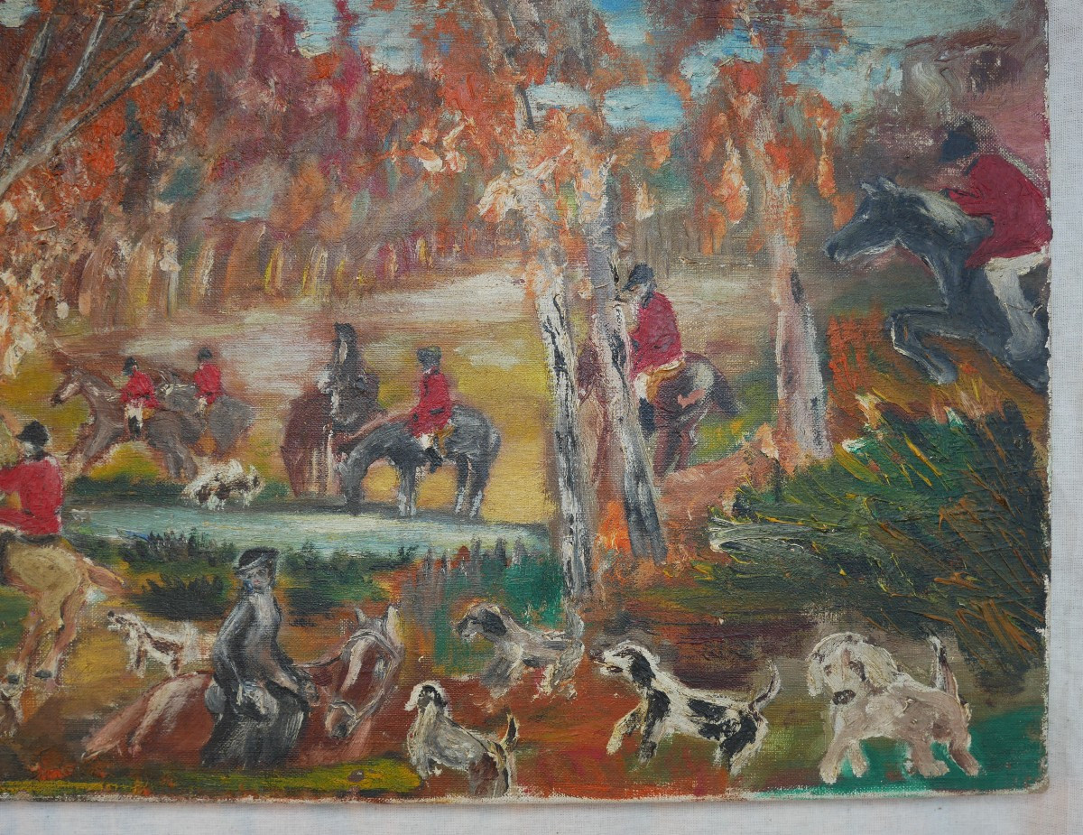 Tableau Naïf, Scène de Chasse à Courre, Huile sur Toile, Cynégétique, Vénerie, 1960-photo-2