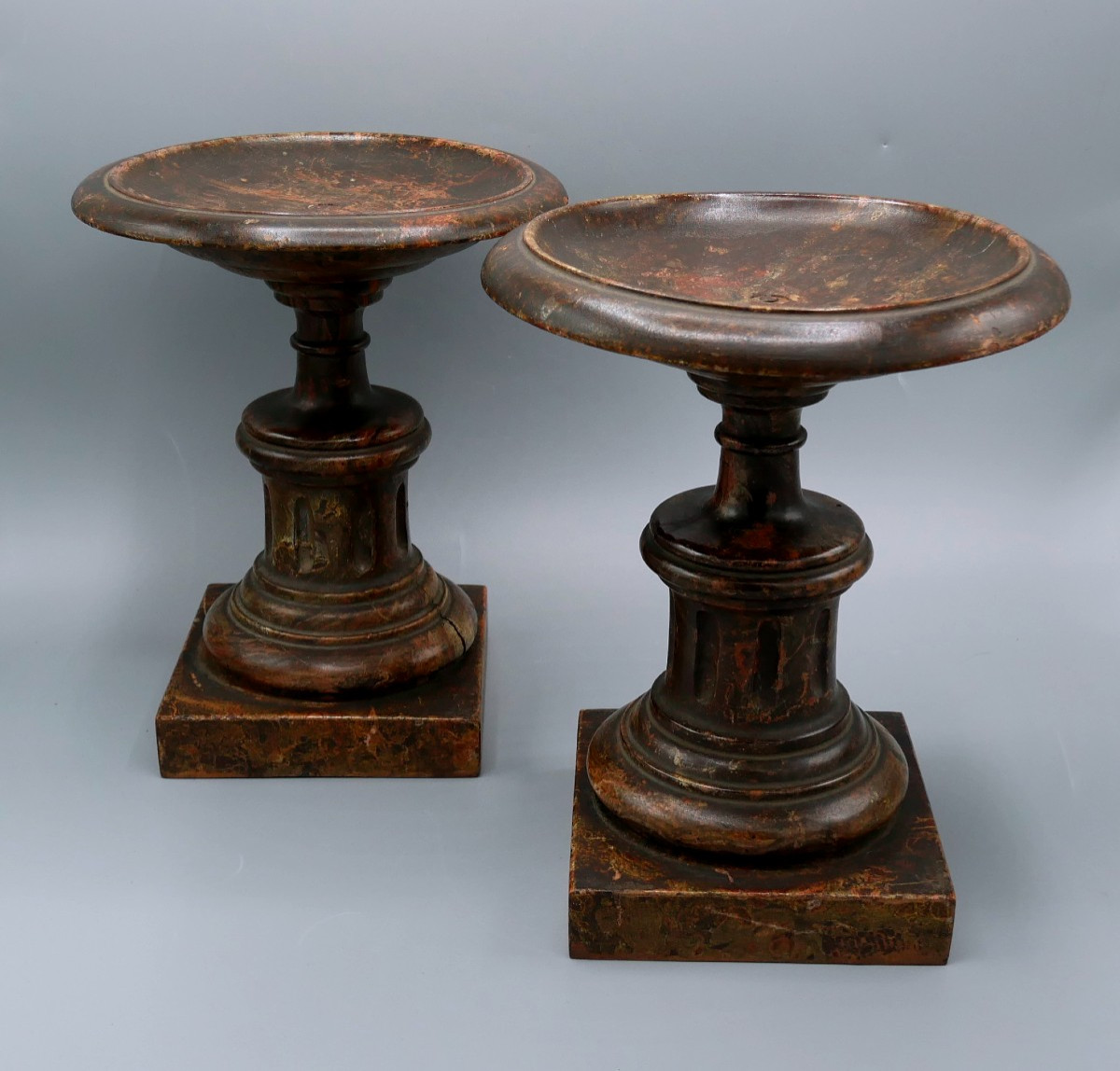 Pair Of Painted Wooden Cassolettes, Faux Marble, 19th Century-photo-2