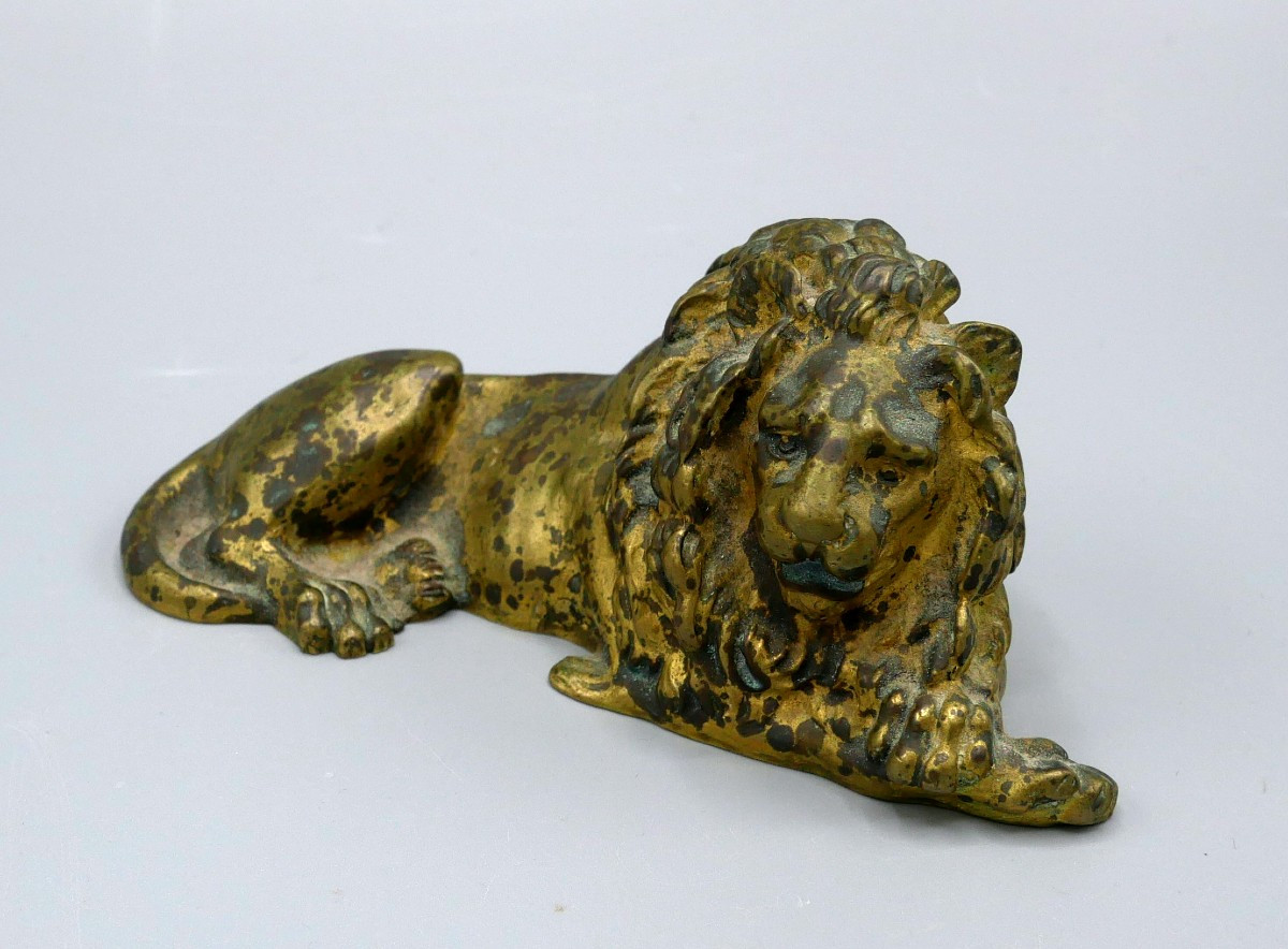 Reclining Lion In Gilded Bronze, Empire, 19th Century
