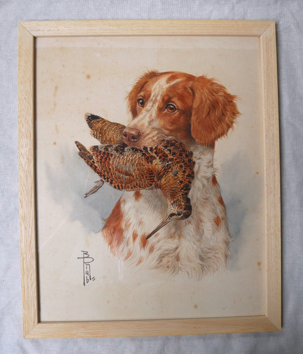 Boris Riab, Spaniel And Woodcock, Ink And Watercolor On Paper, Signed, Hunting, 39/32, 20th Century