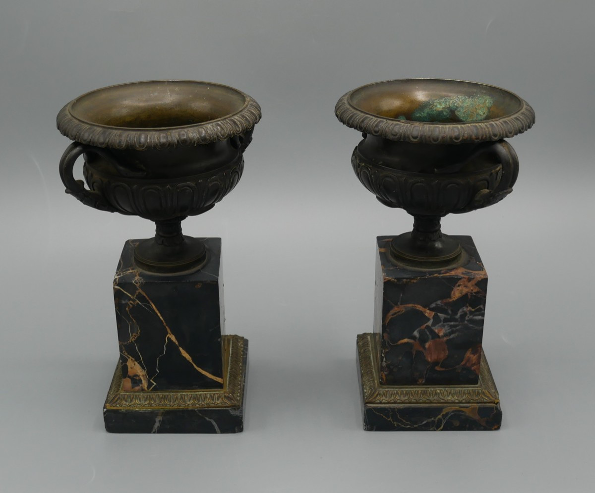 Pair Of Cassolettes, Cups On Bronze Pedestals, Marble Column Bases, 19th Century-photo-2