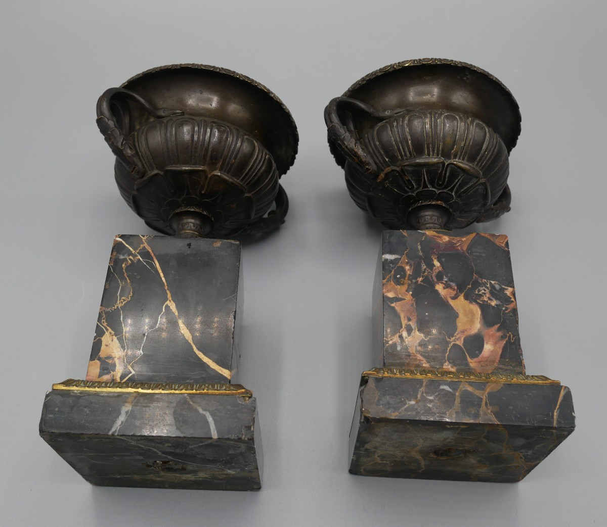 Pair Of Cassolettes, Cups On Bronze Pedestals, Marble Column Bases, 19th Century-photo-3