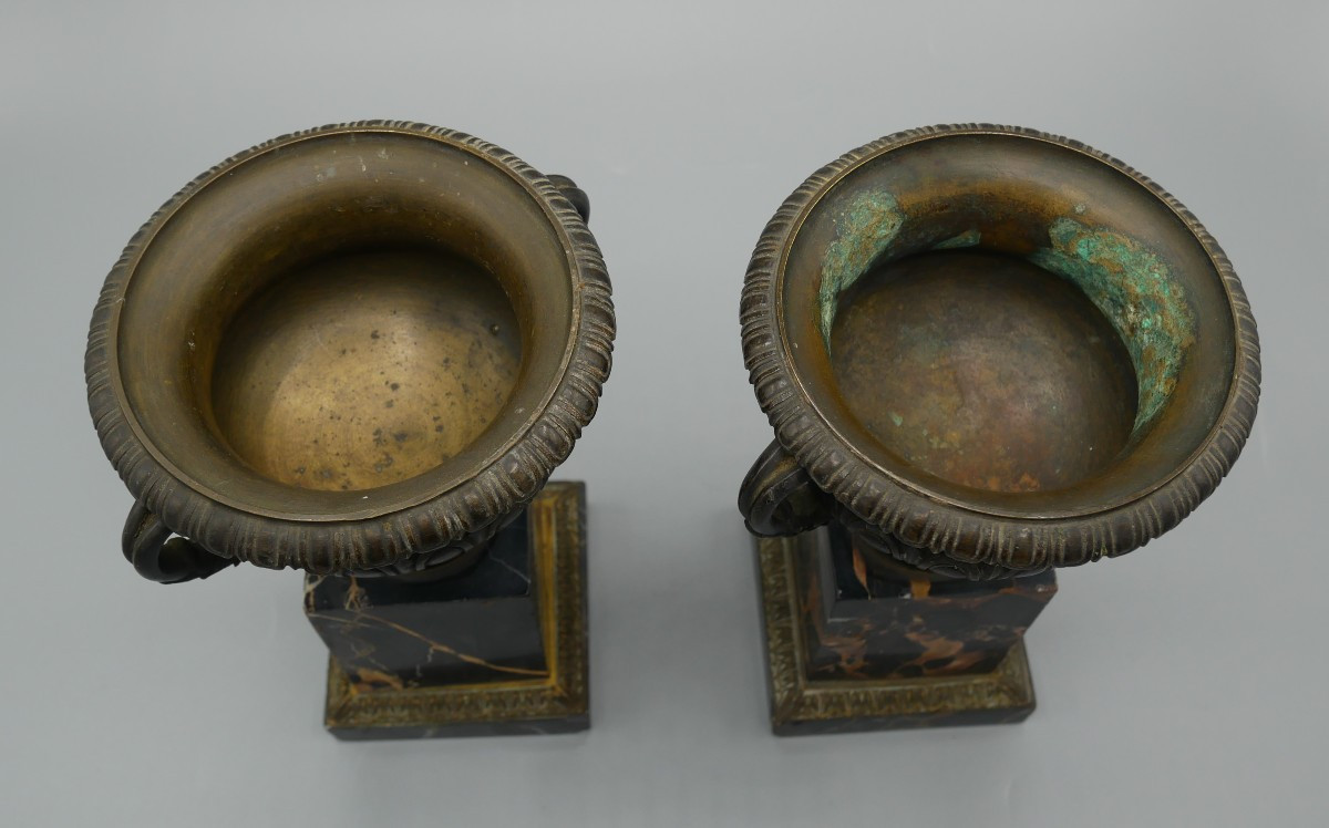 Pair Of Cassolettes, Cups On Bronze Pedestals, Marble Column Bases, 19th Century-photo-4