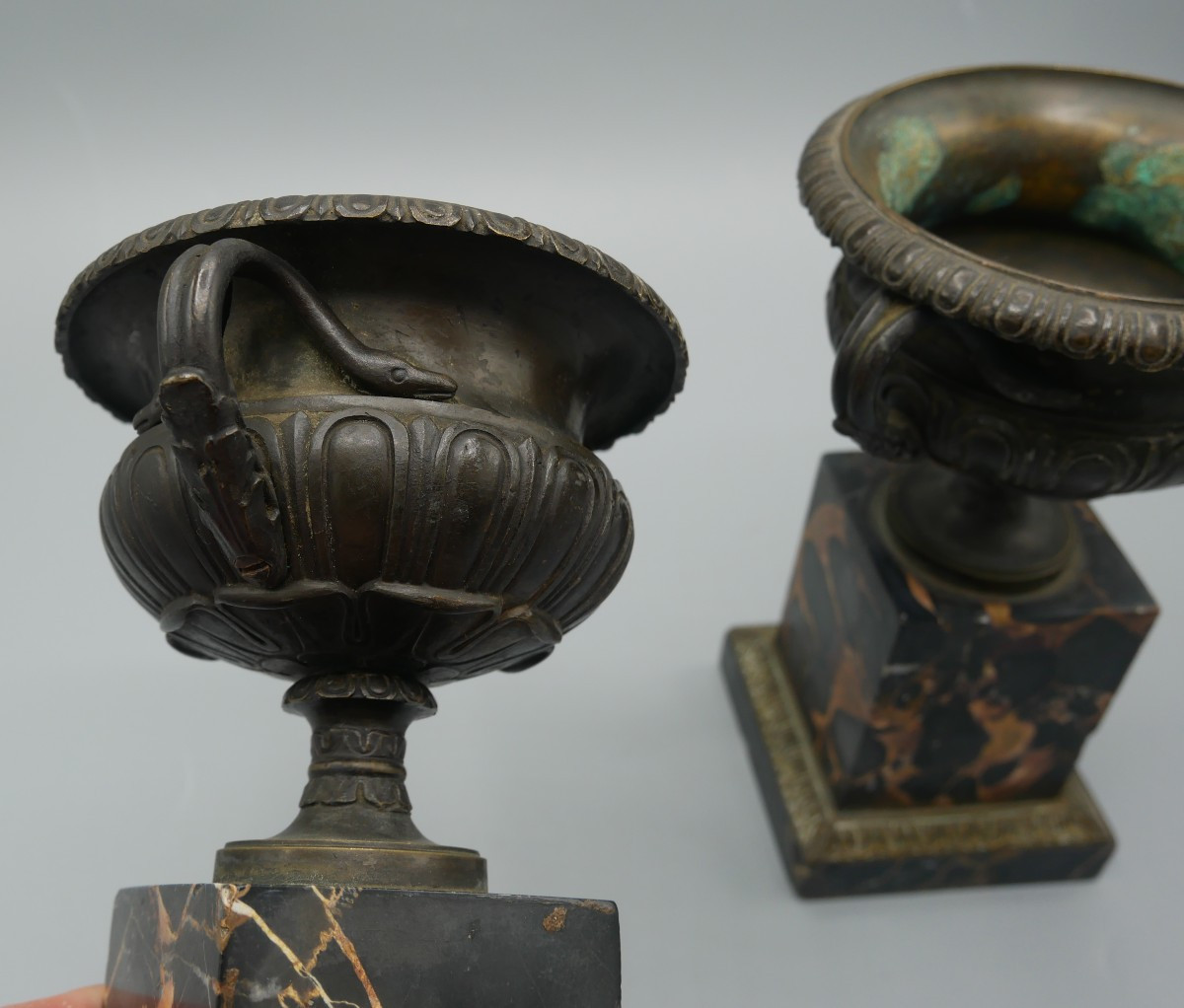 Pair Of Cassolettes, Cups On Bronze Pedestals, Marble Column Bases, 19th Century-photo-1