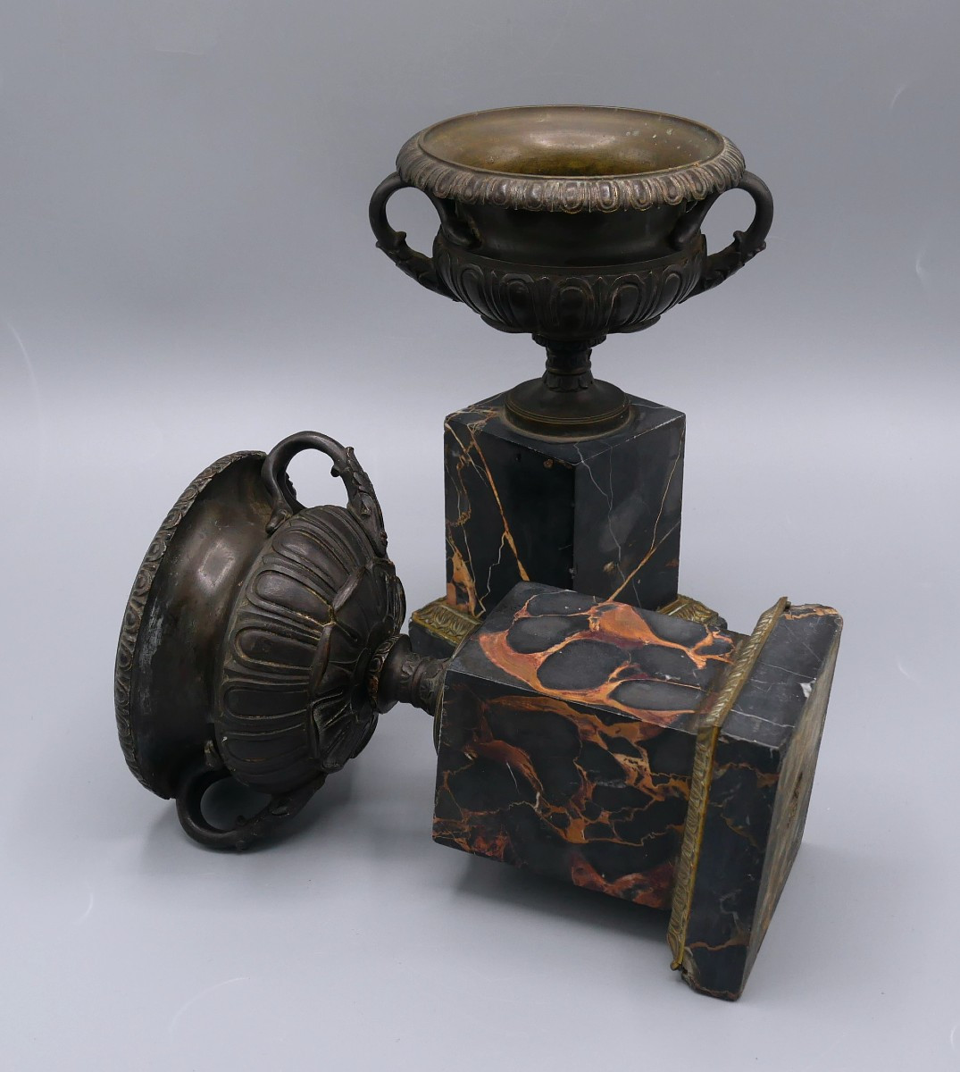 Pair Of Cassolettes, Cups On Bronze Pedestals, Marble Column Bases, 19th Century