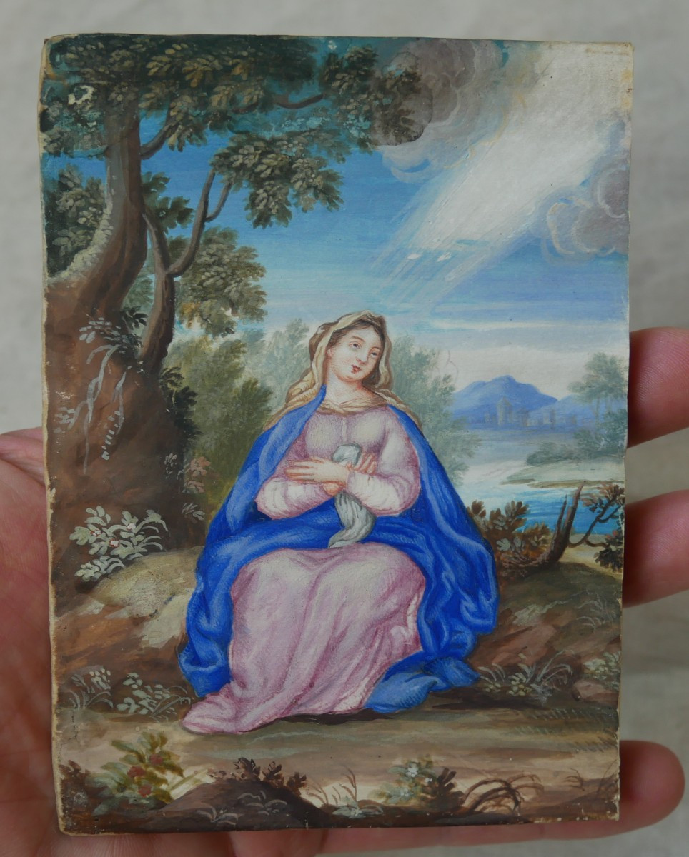 Religious Painting, Gouache On Vellum, Virgin, Paradise, Italy, 17th Century-photo-4