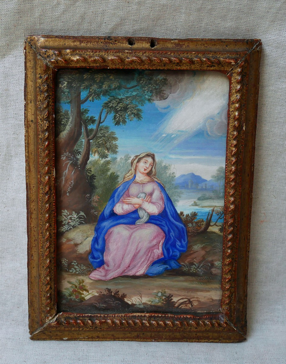 Religious Painting, Gouache On Vellum, Virgin, Paradise, Italy, 17th Century