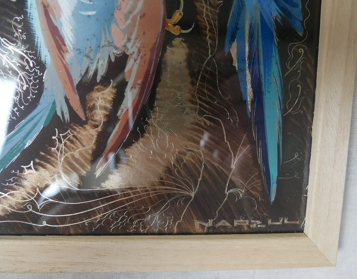 Narzul, Perruches Ondulées Bleues, Gouache et gravure sur métal, signé, XXème siècle-photo-3