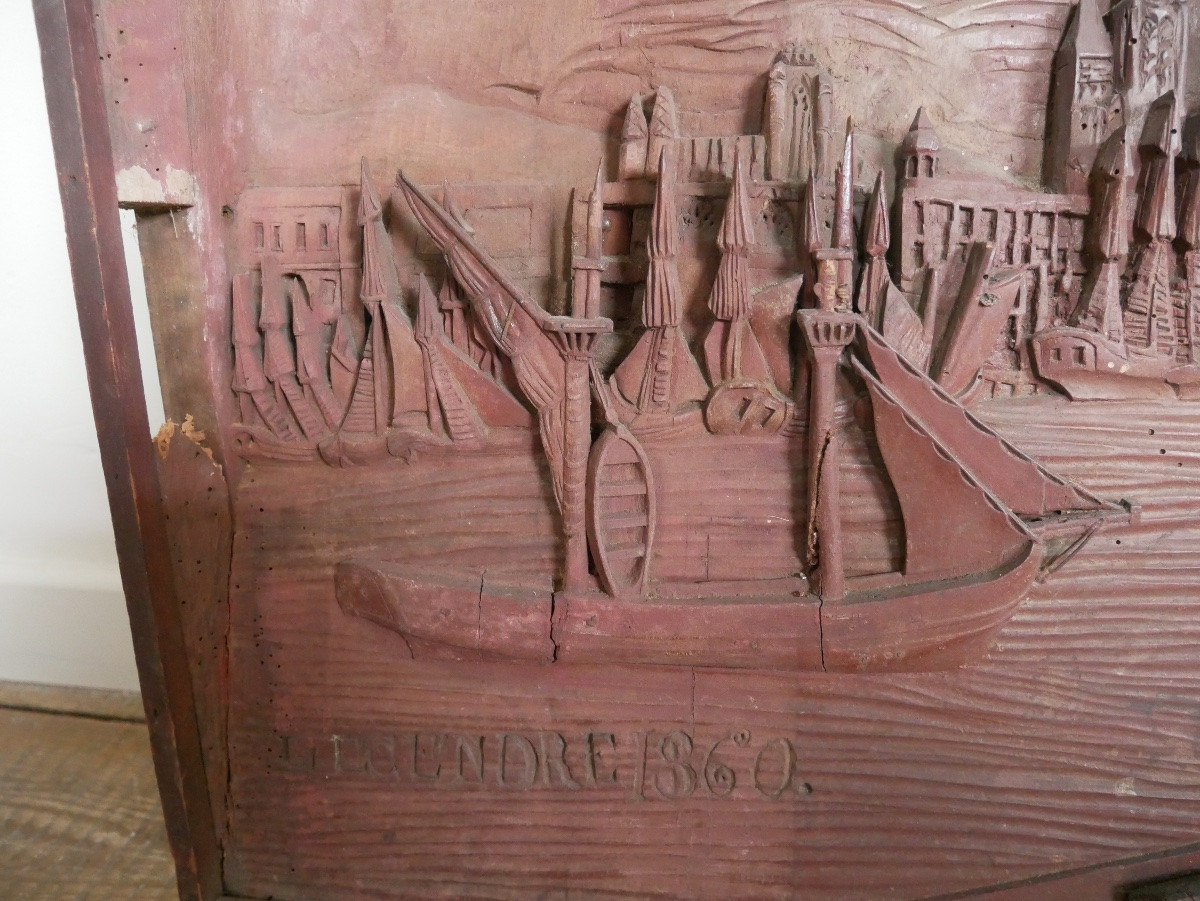 Diorama en bois sculpté, Port, Bateaux, Travail de Marin, Art Populaire, 1860-photo-2