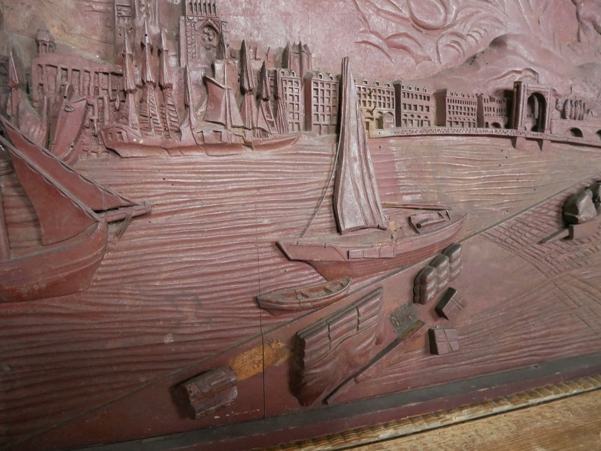 Diorama en bois sculpté, Port, Bateaux, Travail de Marin, Art Populaire, 1860-photo-4