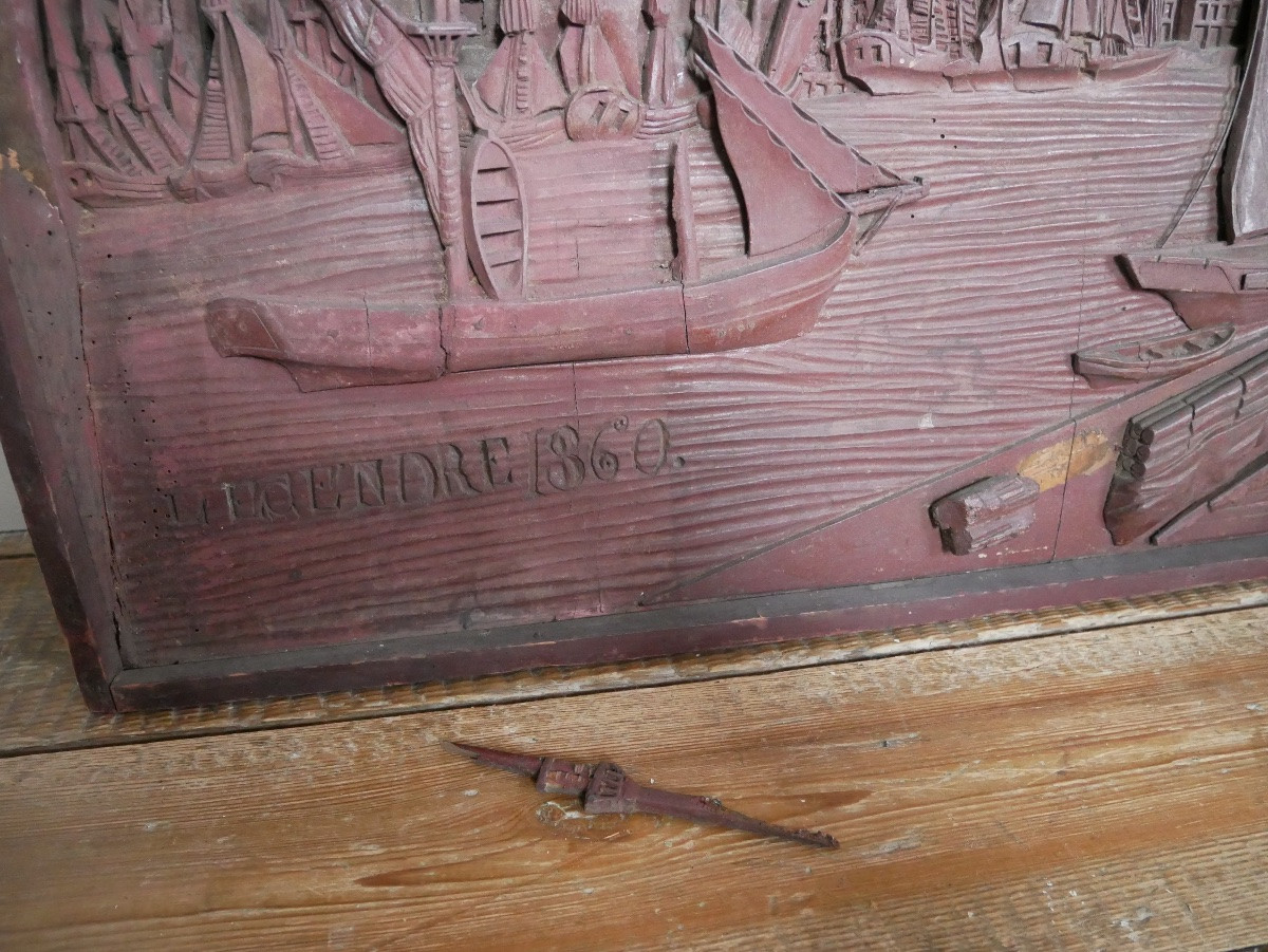 Diorama en bois sculpté, Port, Bateaux, Travail de Marin, Art Populaire, 1860-photo-3