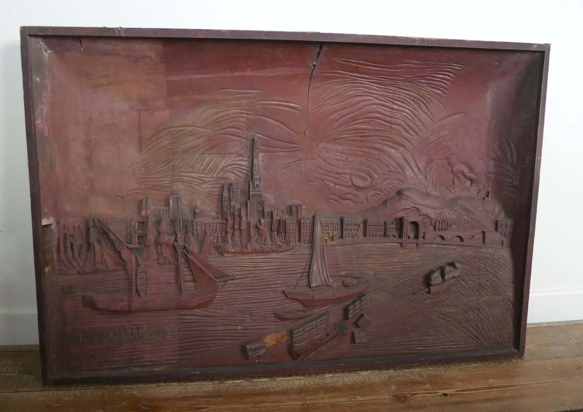 Diorama en bois sculpté, Port, Bateaux, Travail de Marin, Art Populaire, 1860