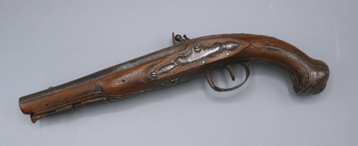 Pistolet à silex, Crosse en Noyer, Canon Doré, XVIIIème siècle-photo-2
