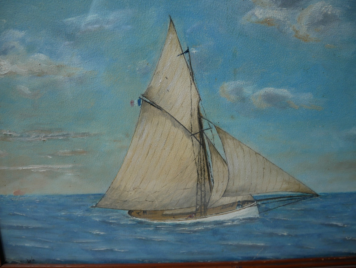 Huile sur toile, Portrait de Bateau, Voilier de Plaisance, 1900-photo-2