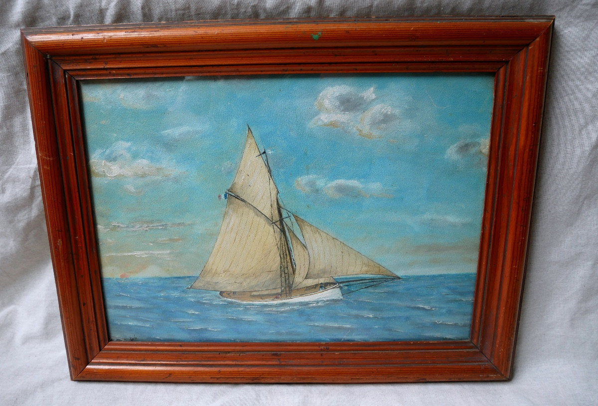 Huile sur toile, Portrait de Bateau, Voilier de Plaisance, 1900
