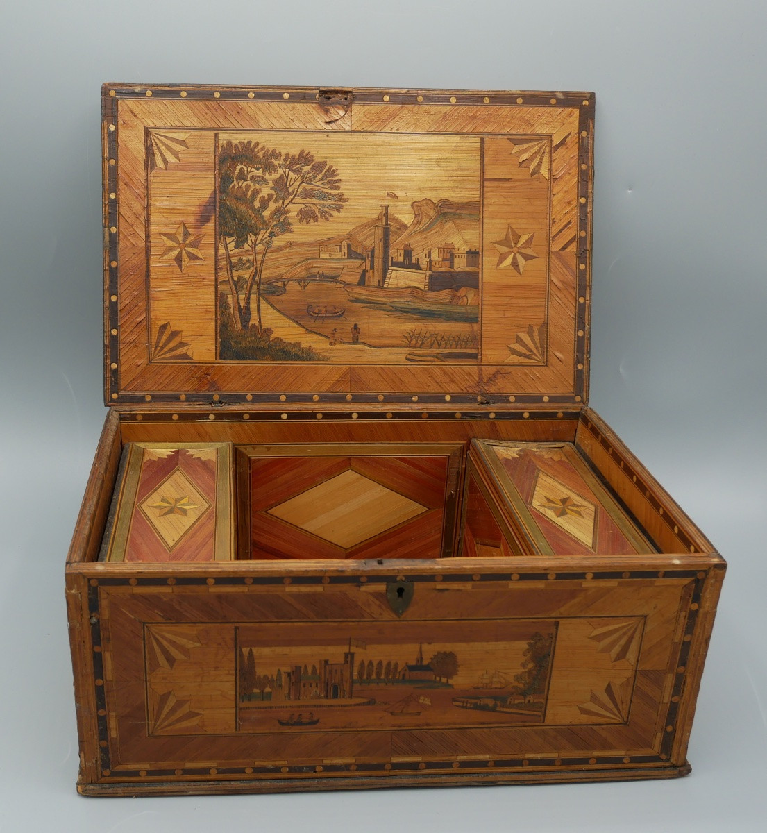 Coffret en Marqueterie de Paille, Scènes de Port, Marin, Bagnard, XIXème siècle-photo-2
