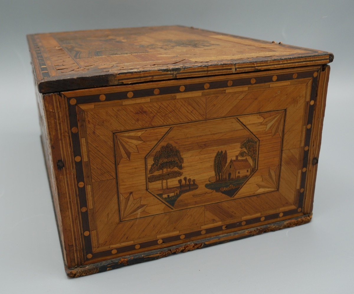 Coffret en Marqueterie de Paille, Scènes de Port, Marin, Bagnard, XIXème siècle-photo-4