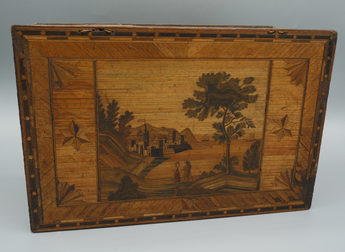 Coffret en Marqueterie de Paille, Scènes de Port, Marin, Bagnard, XIXème siècle-photo-5