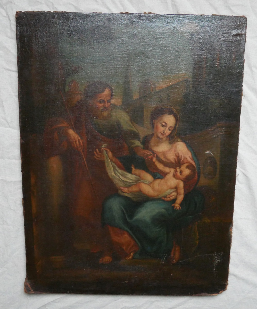 Peinture Religieuse, La Sainte Famille, Huile sur Toile, XVIIIème siècle