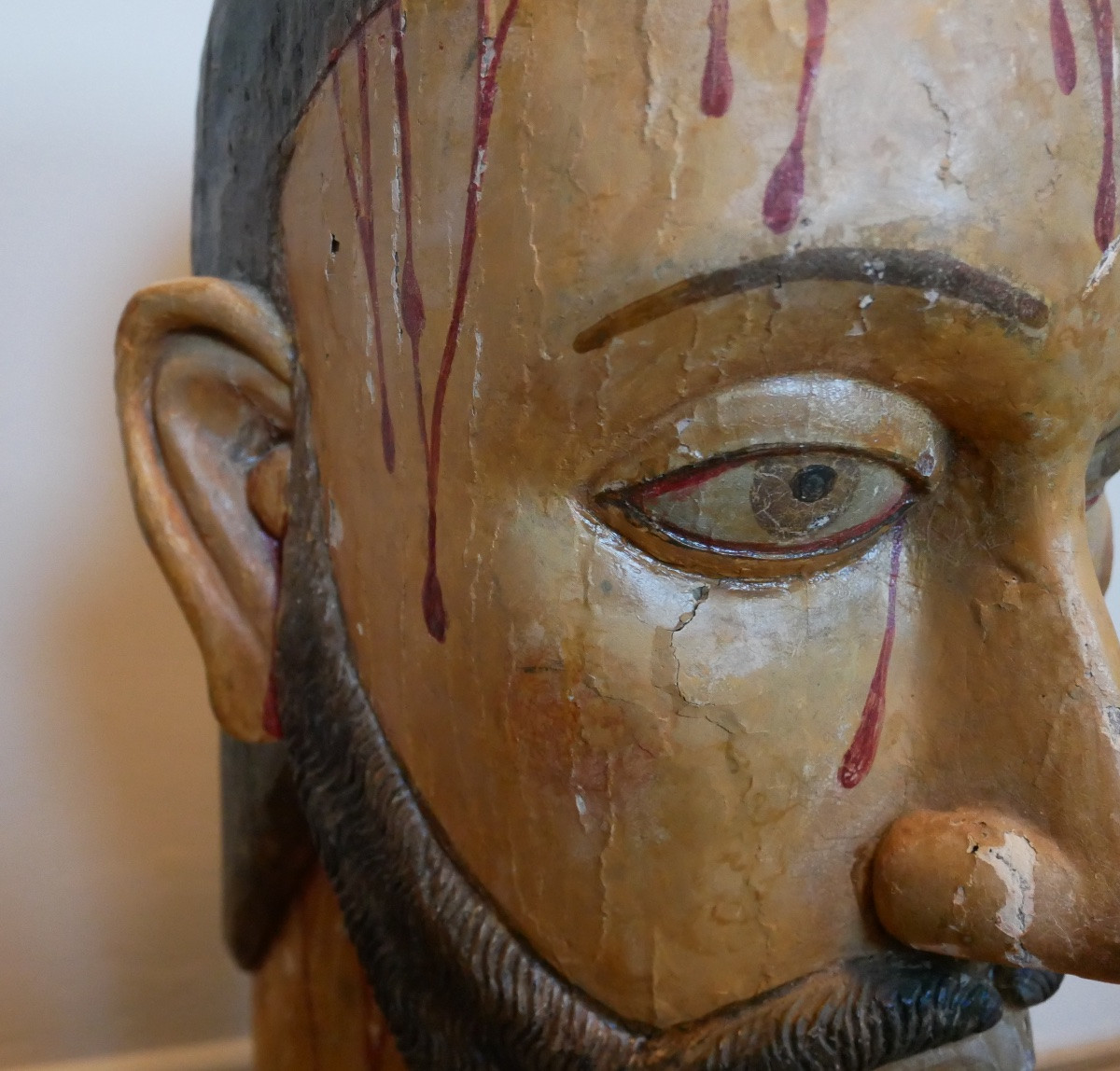 Tête de Christ en Bois Sculpté Polychrome, Colonies Hispaniques, XVIIIème siècle-photo-3