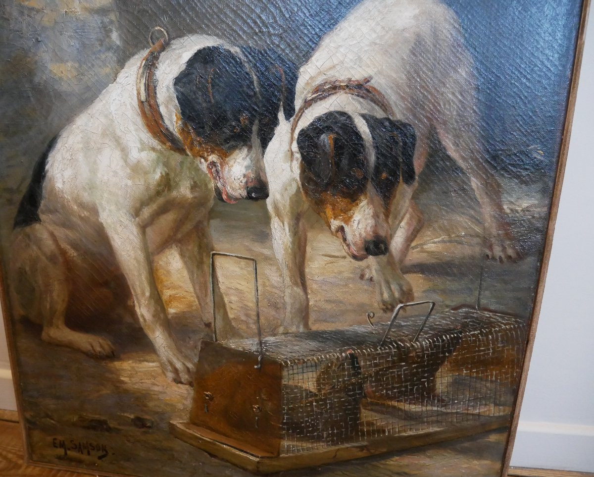 E.M. Samson, Chiens de Chasse et Rats, Huile sur Toile, 1900-photo-4