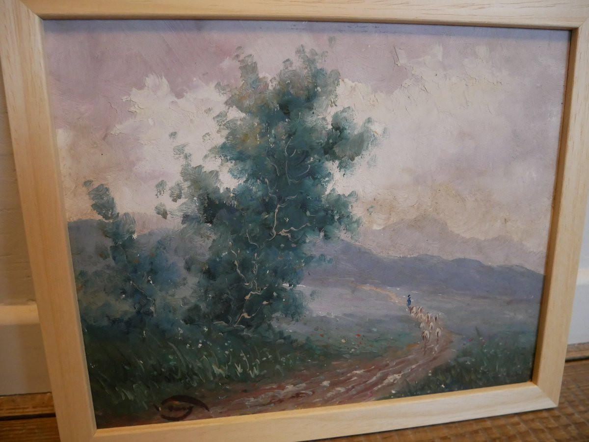 Paysage de Montagne, Transhumance, Huile sur Carton, Signée, 1900-photo-2