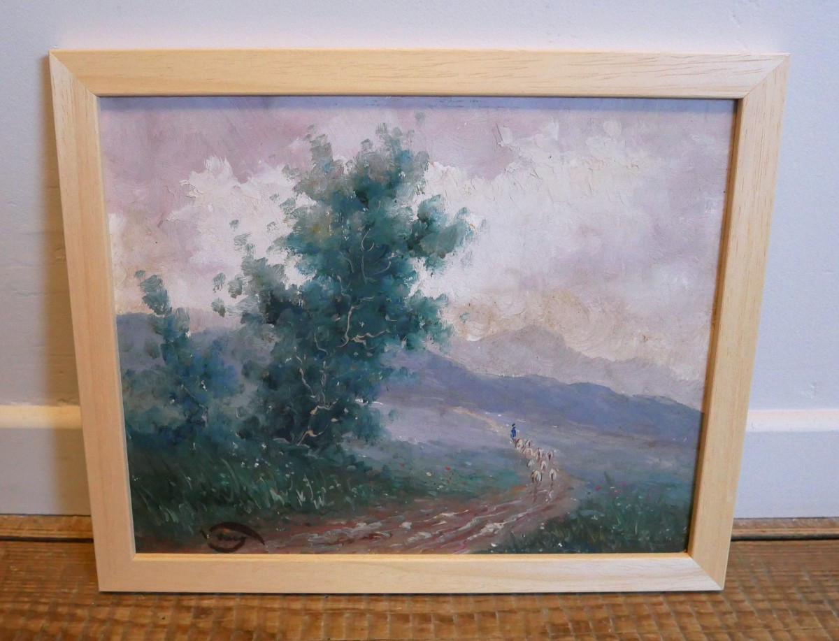 Paysage de Montagne, Transhumance, Huile sur Carton, Signée, 1900