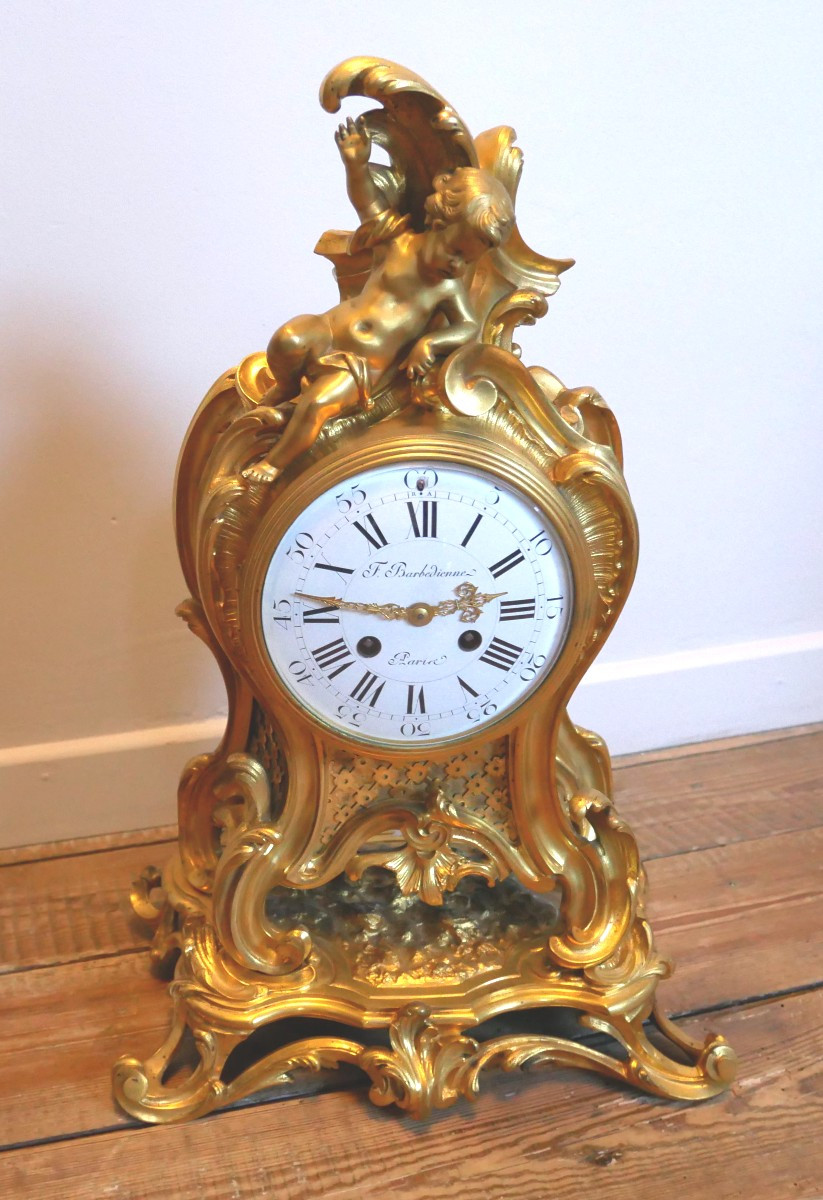 Louis XV Cartel Clock, Gilt Bronze, Cherub, F. Barbedienne, 19th Century