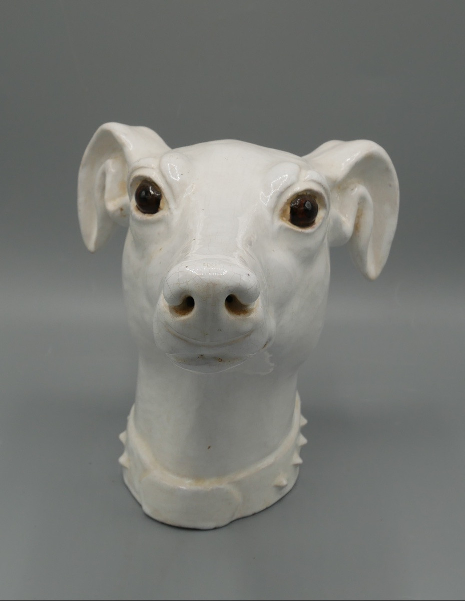 Tête de Lévrier en terre cuite émaillée blanche-photo-2