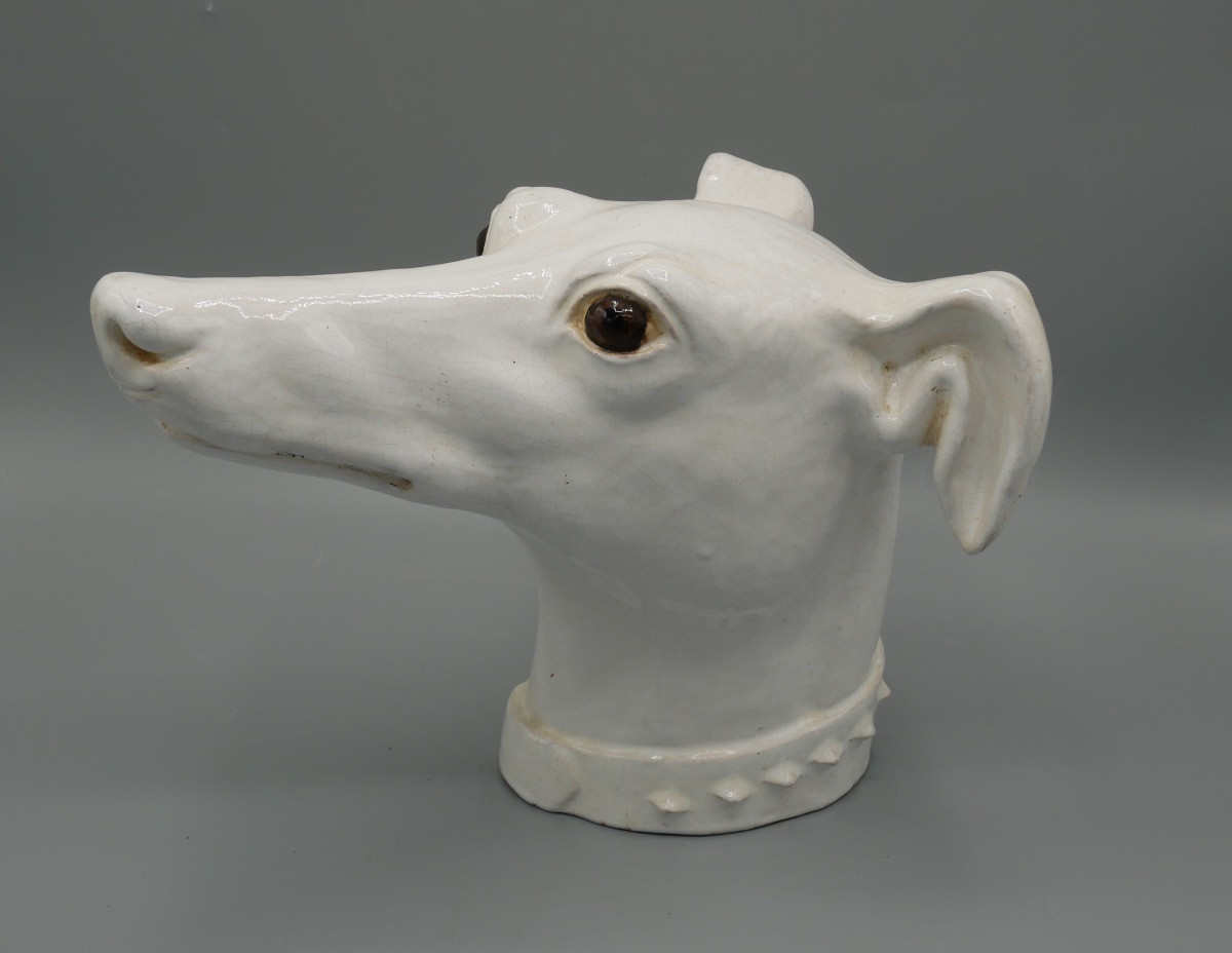 Tête de Lévrier en terre cuite émaillée blanche-photo-3