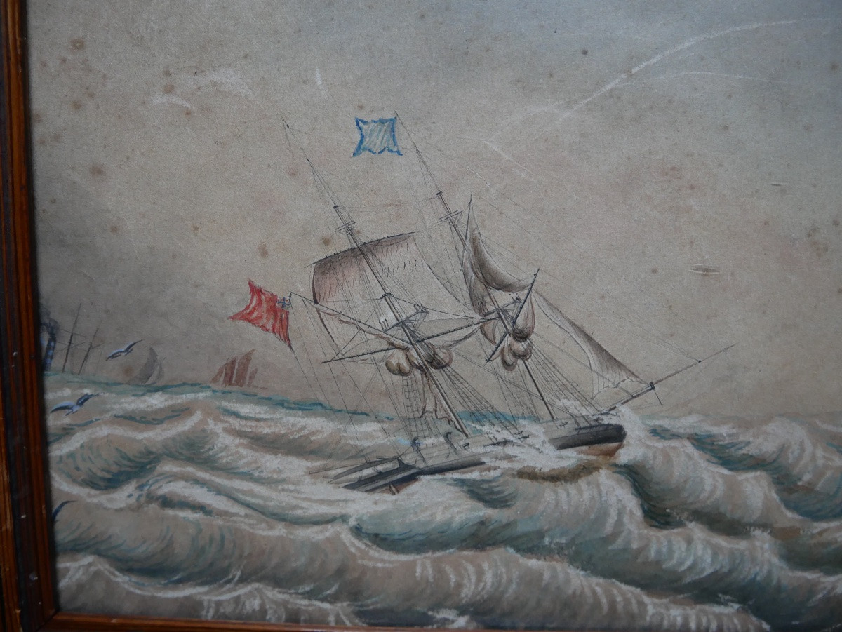 Portrait de Bateau, Voilier dans la Tempête, Marine, Encre sur Papier, XIXème-photo-2