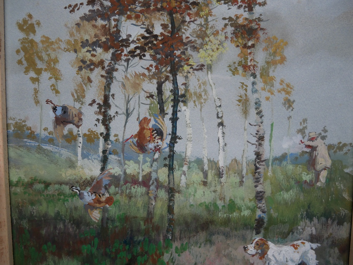 Gabriel Chefson dit Lamotte, Chasse aux Perdrix, Gouache sur Papier, XXème-photo-3
