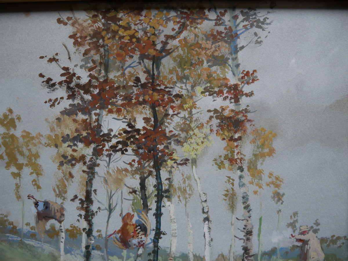 Gabriel Chefson dit Lamotte, Chasse aux Perdrix, Gouache sur Papier, XXème-photo-4