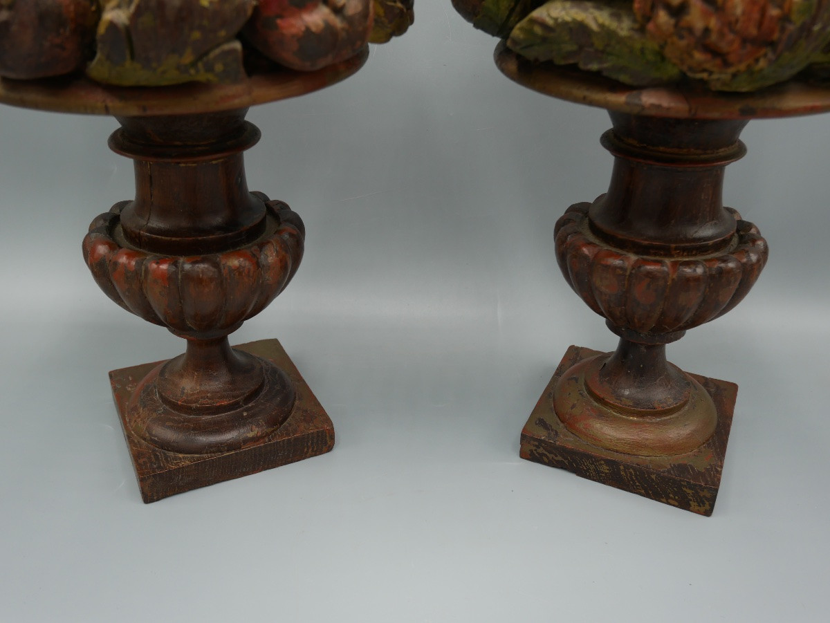 Paire de Vase Médicis Aux Fruits en Bois Sculpté Polychrome, XVIIIème siècle-photo-2
