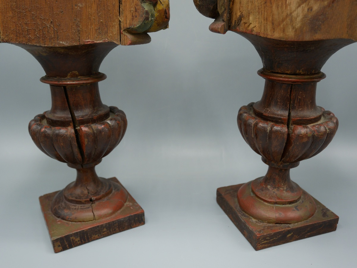 Paire de Vase Médicis Aux Fruits en Bois Sculpté Polychrome, XVIIIème siècle-photo-4