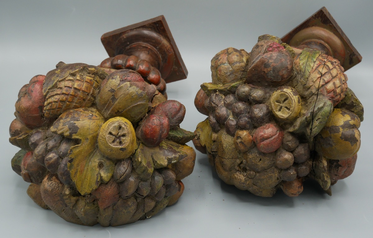 Paire de Vase Médicis Aux Fruits en Bois Sculpté Polychrome, XVIIIème siècle-photo-2