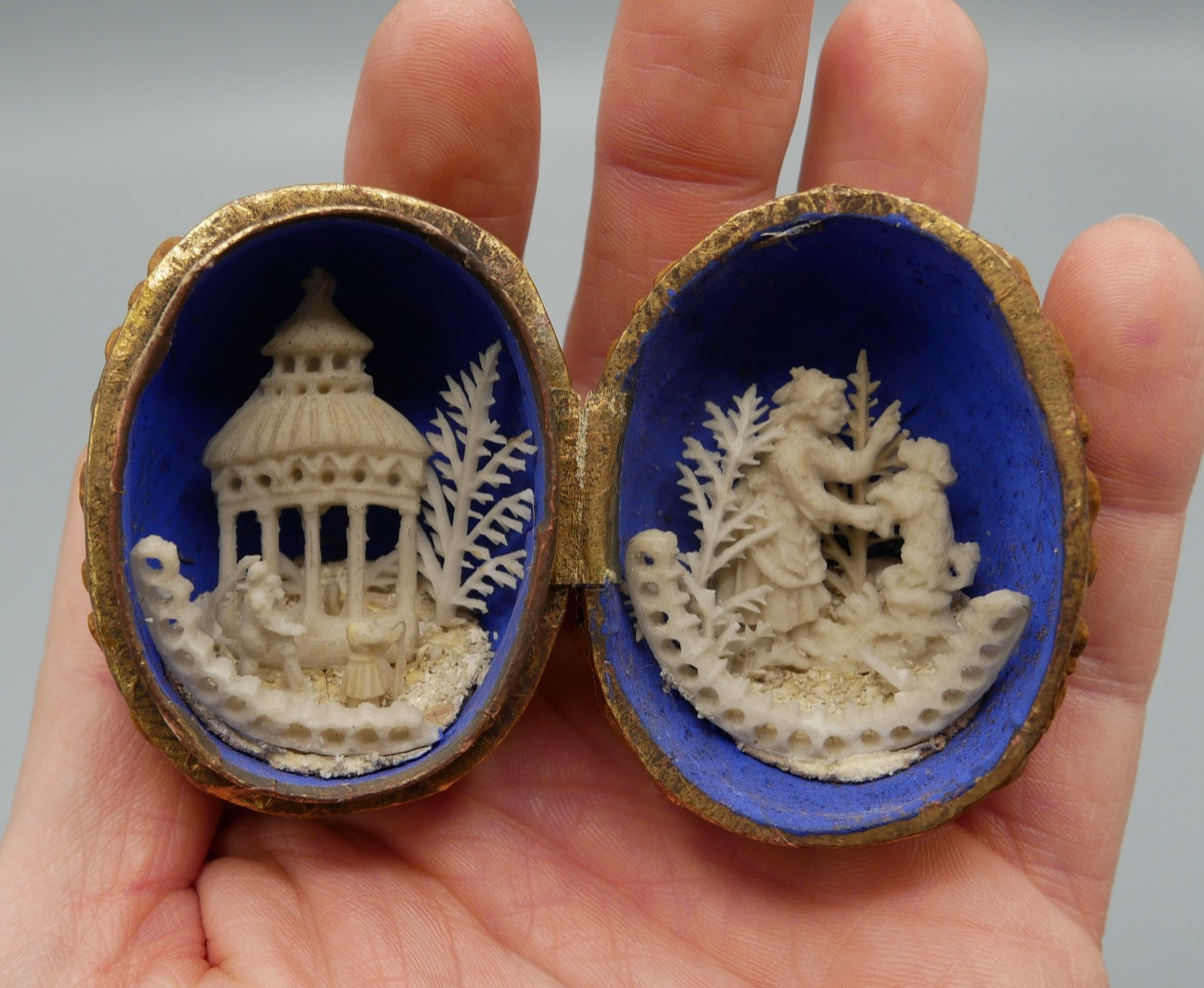 Boîte Miniature en Forme de Noix, Sculptée de Scènes Miniatures, XVIIIème, XIXème siècle-photo-4