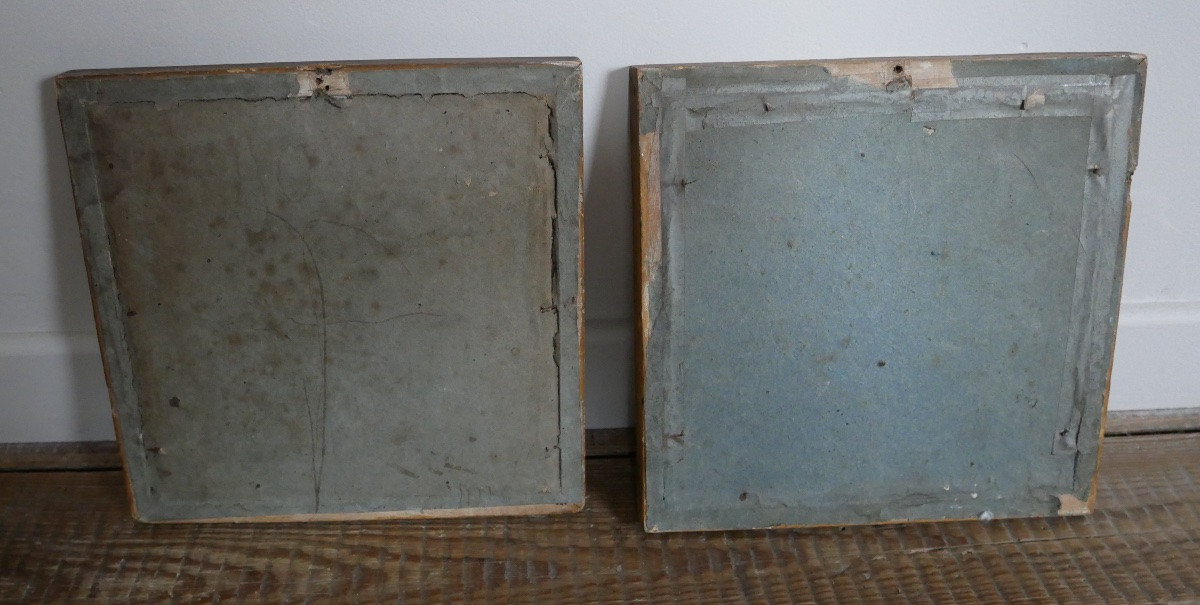 Paire de Travaux en Broderie sous cadre, Oiseaux, Fleurs, XIXème siècle-photo-4